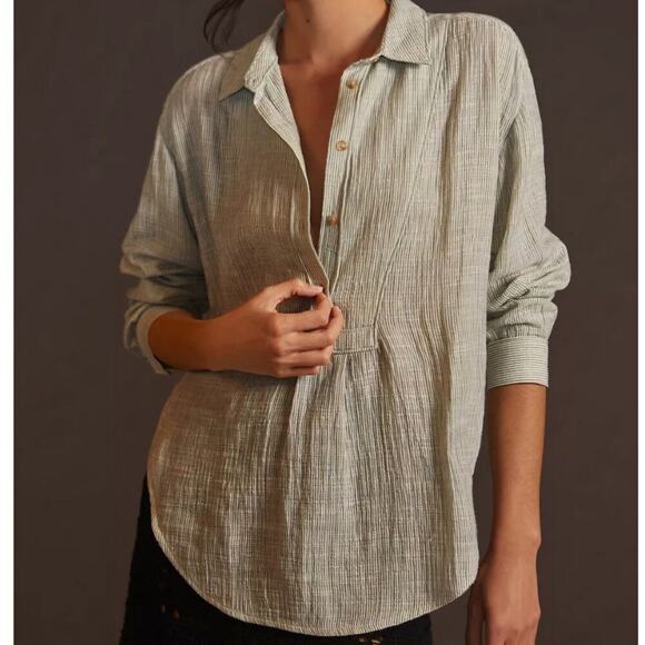 Anthropologie Tops - By Anthropologie SZ M Blue Stripe Gauzy Beach Comfort Casual V-Neck Popover
